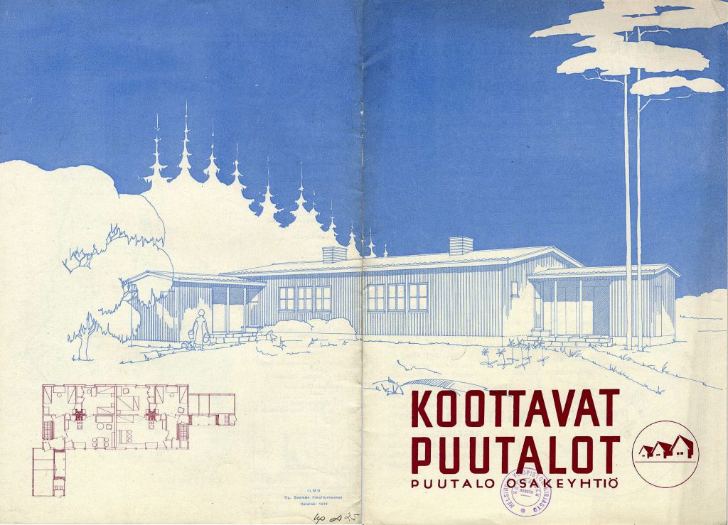 Front and back cover of an old brochure depicting a drawing of a wooden house.