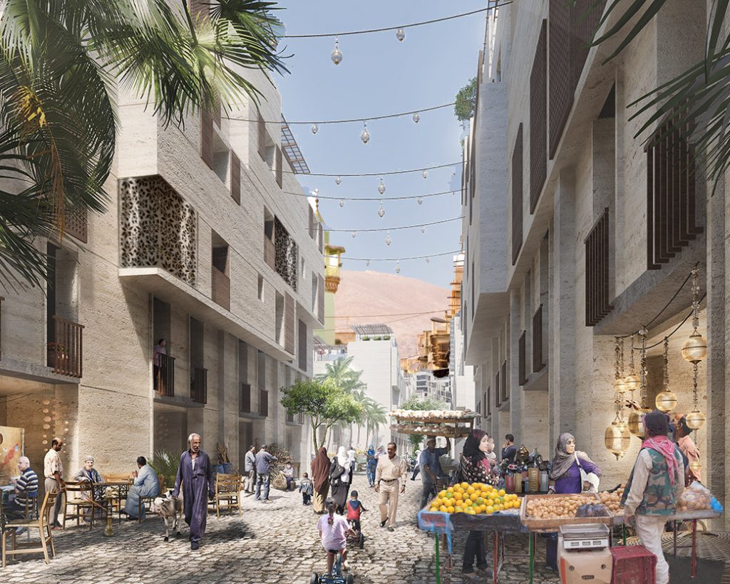 Illustration of a street: in front a fruit seller and cross the street a coffeeshop.