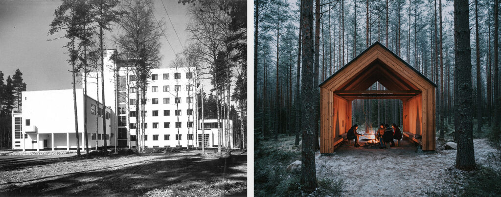 Seven storey high white sports institute building in a black-and-white photo on left. Warm-wooden-coloured shelter with camping fire in a frosty pine forest on right.