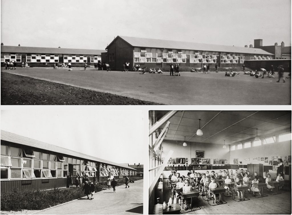 In the top photo a view from the schoolyard with two classroom blocks. Bottom left one classroom block in closer view. Bottom right interior photo of a classroom with pupils sitting at their desks. Black and white.