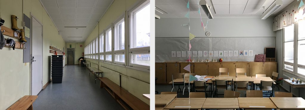 On the left a corridor with windows on the full length of one side and classroom doors on the other. On the right a classroom with wooden school furniture and drawings on the wall.