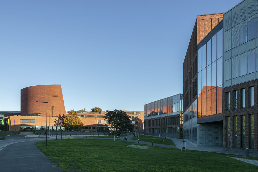 Green area, red brick buildings