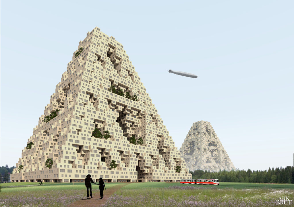 Two pyramid-shaped structures consisting of boxes.