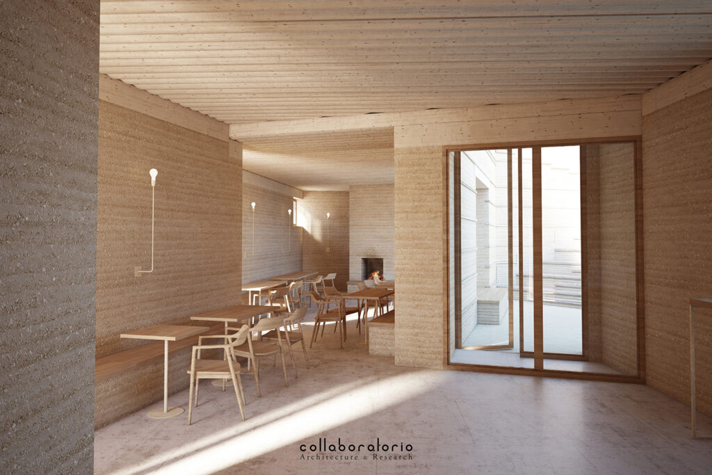 Illustration of the interior, warm gray wall, wooden furniture.