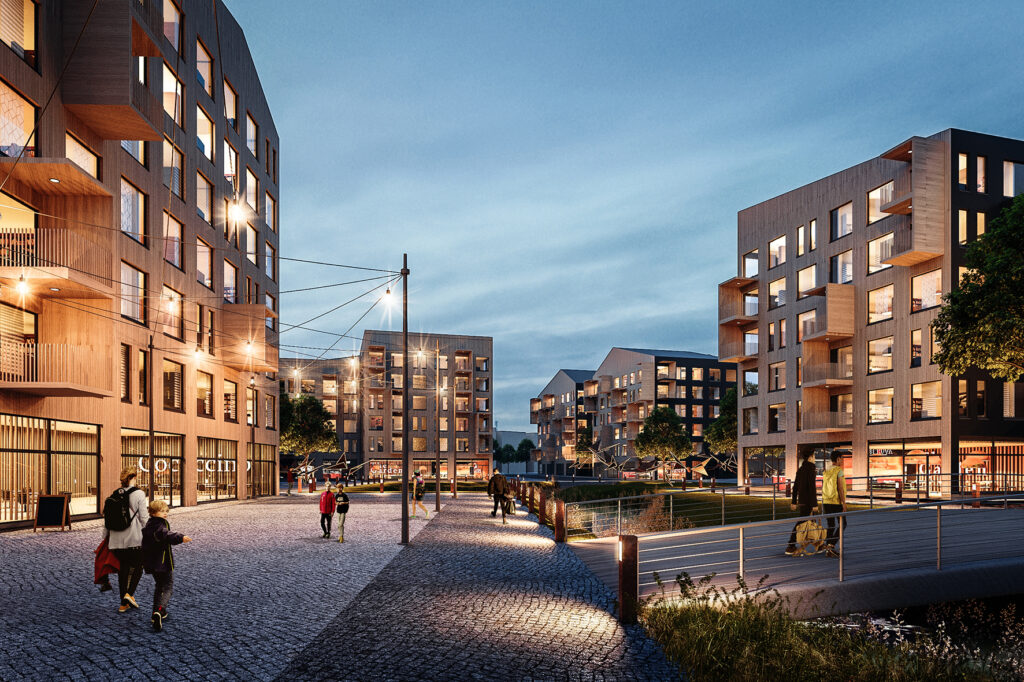 Wooden apartment buildings, people walking, evening lighting. Observation image.