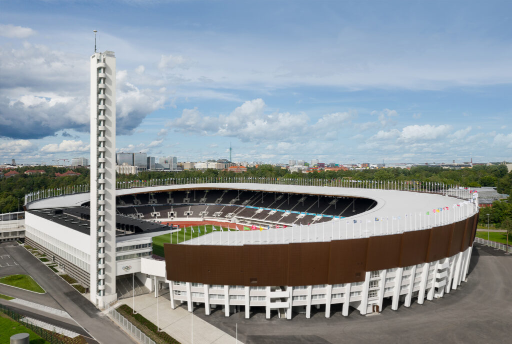 Aerial photo, white slender tower in front