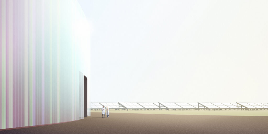 Kiiltävä pyöreä rakennus vasemmassa reunassa, kaksi ihmistä laboratoriotakit päällä sisäänkäynnin edessä, aurinkokeräimiä. Havainnekuva