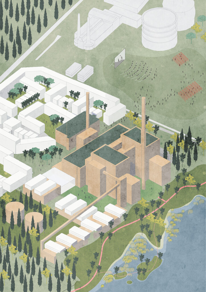 Poster drawing with an oblique power plant, beach and residential buildings.