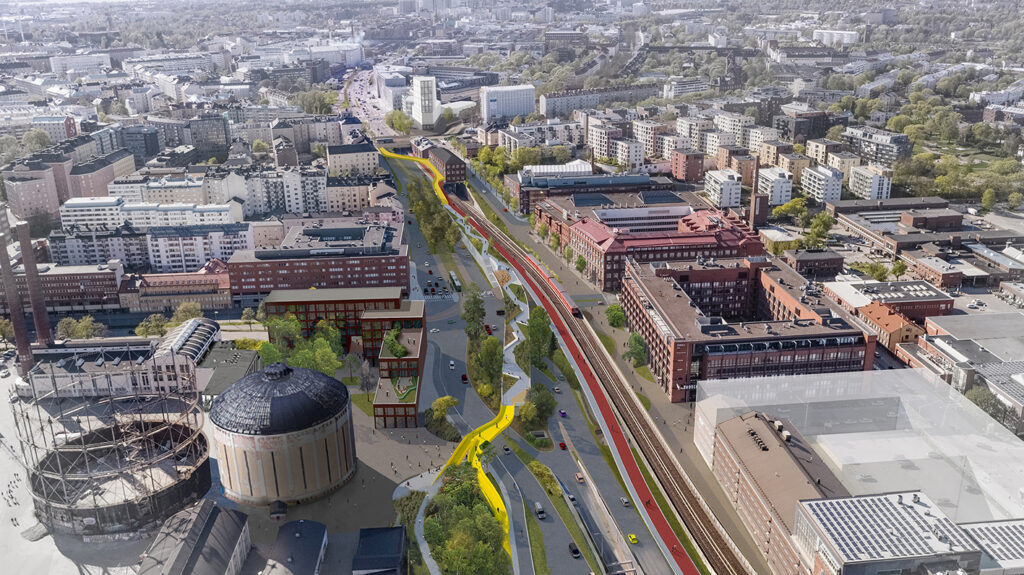 Ilmakuva Helsingin Sörnäisistä, keskellä kelpaisella ja punaisella merkityt uudet puistoalueet ja jalankulkuväylät