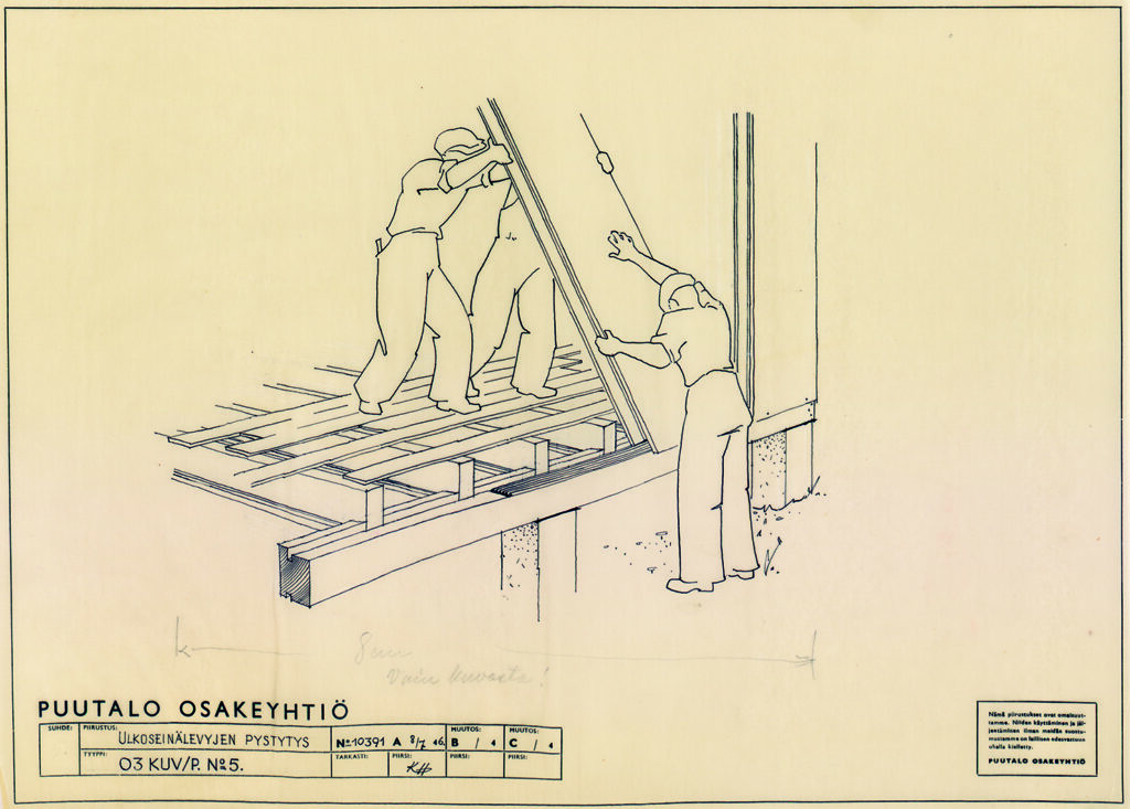 Three people are putting a wall to its place in a drawing provided by Puutalo Oy.