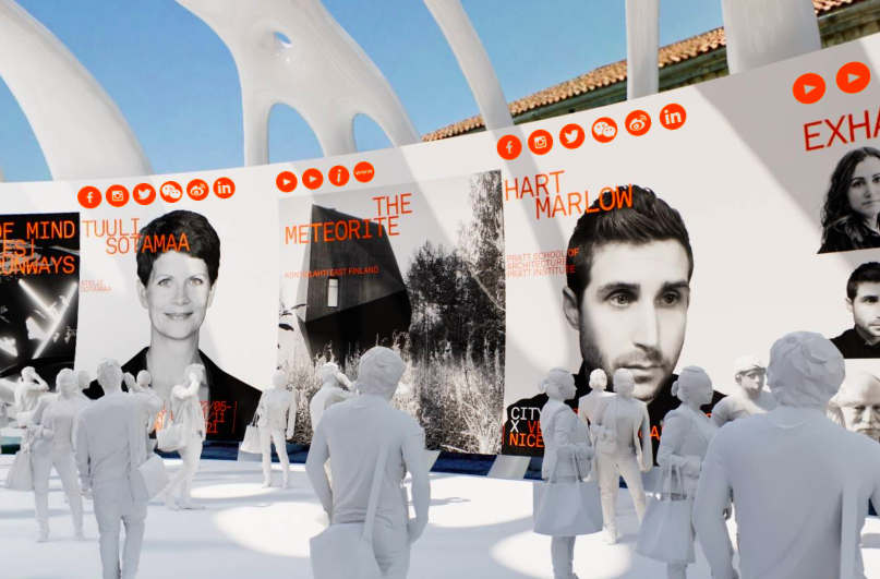 Virtual exhibition space with video clippings on the walls and artificial human figures walking around.