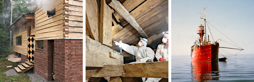 Set of three photos: left a smoke sauna, centre people in white overalls studying roof structures, right a red ship in the sea