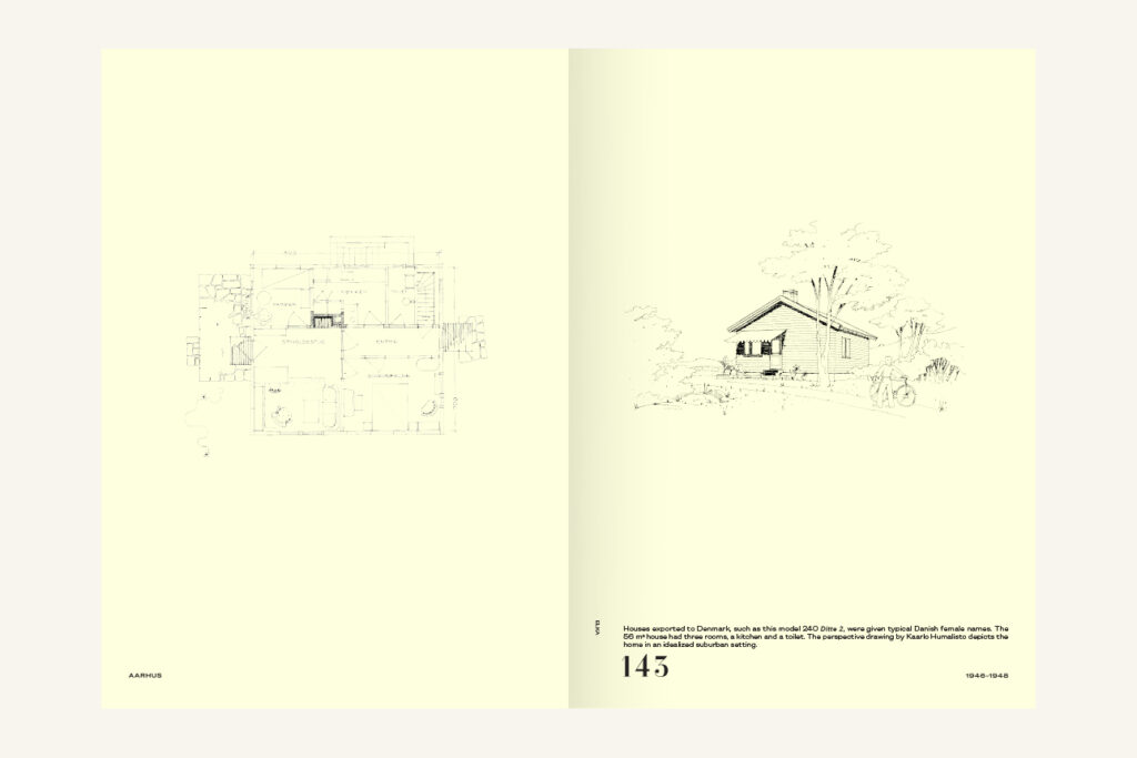 An open spread of a book with yellow paper and line drawings: a floorplan and a perspective drawing of a small house.