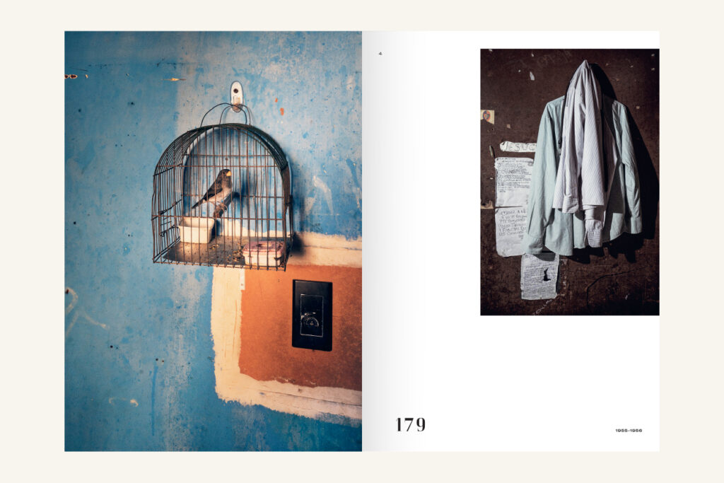 An open spread of a book. On left a full-page photo of a caged bird hanging against a blue wall with some white and orange areas. On right a smaller photo of some light-coloured shirts hanging on a dark brown wall.