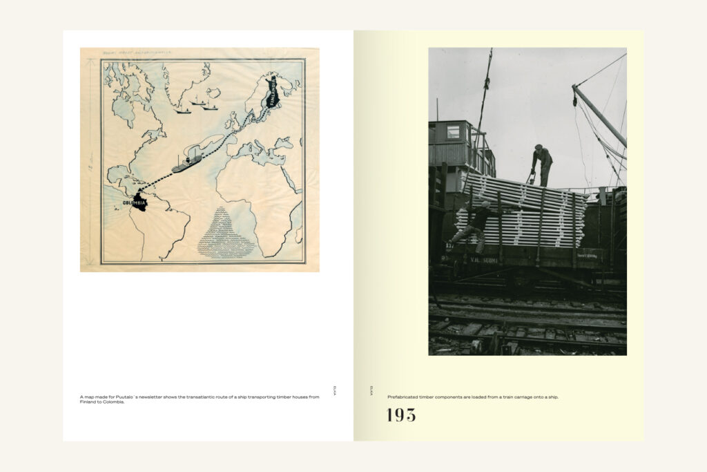 An open spread of a book. On left, an old map with Finland and Colombia in black. On right, a black-and-white photo of wooden elements being loaded on a train wagon.