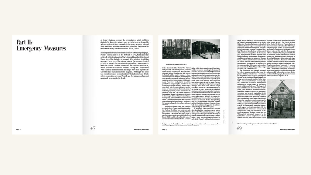 Two spreads of a book with a lot of text, three small black-and-white photos and headline