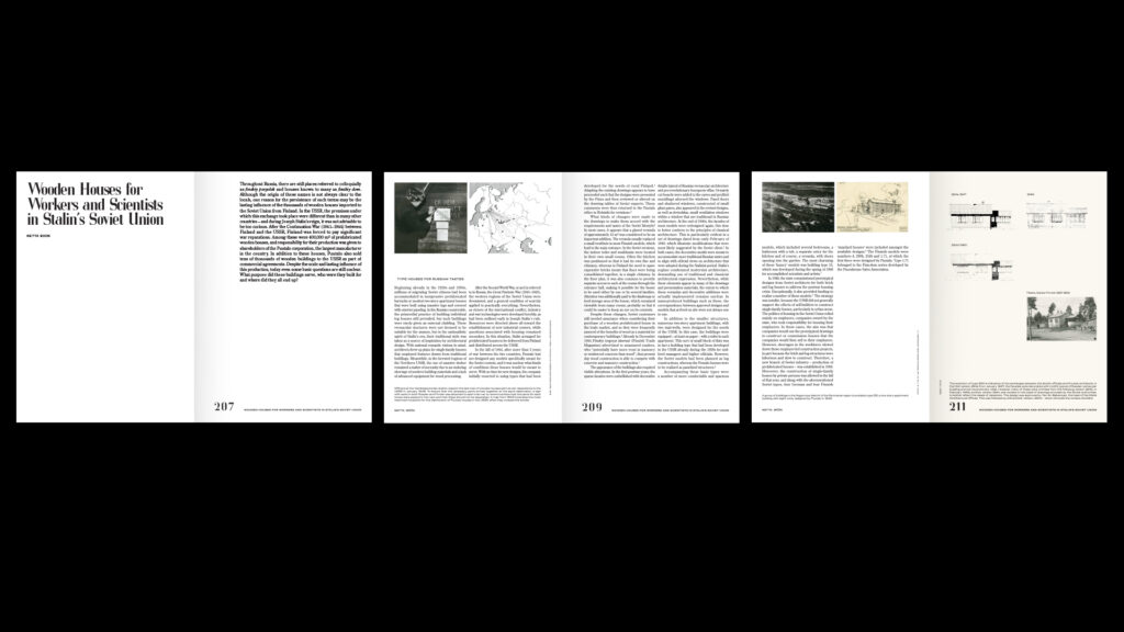 Three flat-open spreads of a book on black background, a lot of text, few images and headline