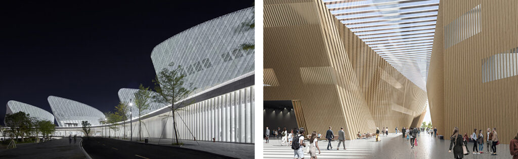 Two images: night view of a lit-up building with white, cloud-like forms on the roof; rendering of a high lobby with glass roof and two wooden volumes, people walking