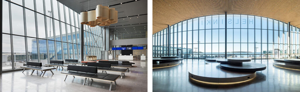 Two photos of two different lounges, both large spaces with a glazed wall and seats. On the right the ceiling is arched and clad with wood