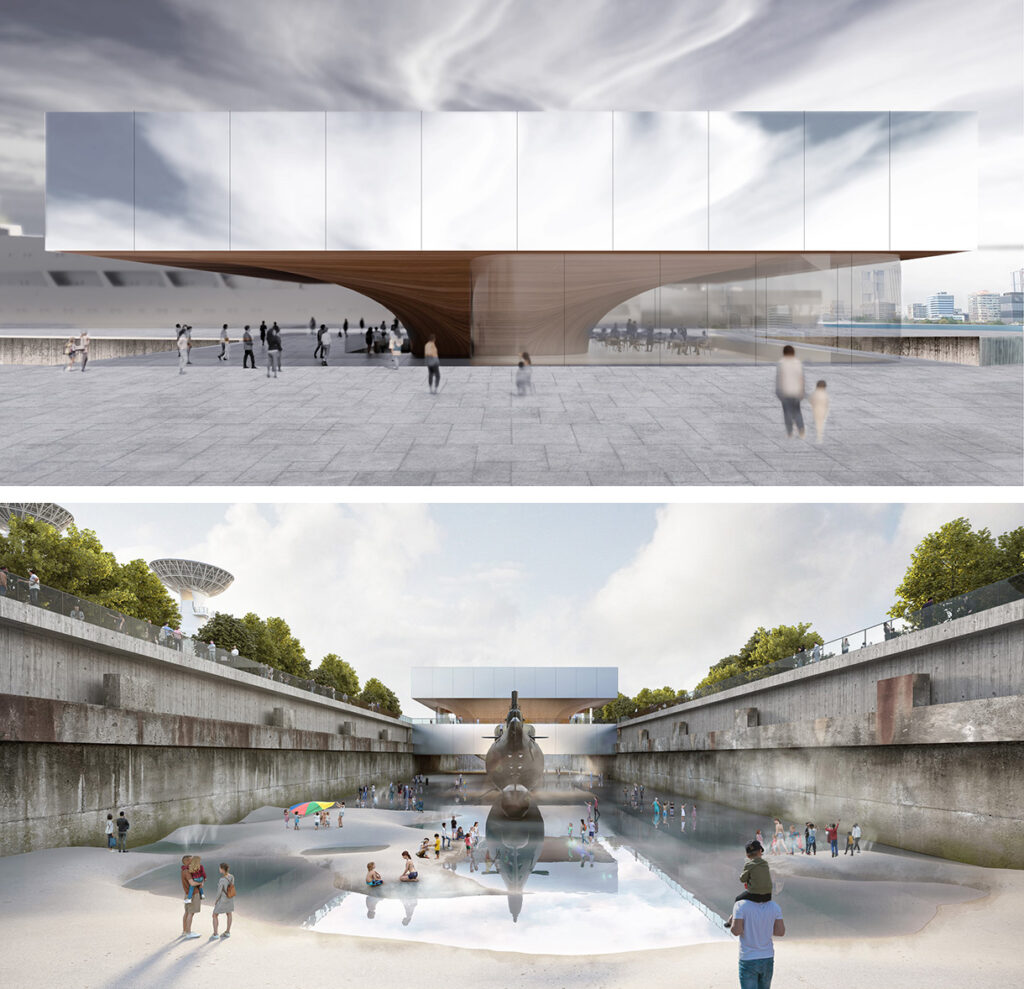 Two renderings: on top, a box-like volume with mirror surface standing on a wooden structure resembling a ship's haul; below a concrete basin in a park with some water and a submarine and people