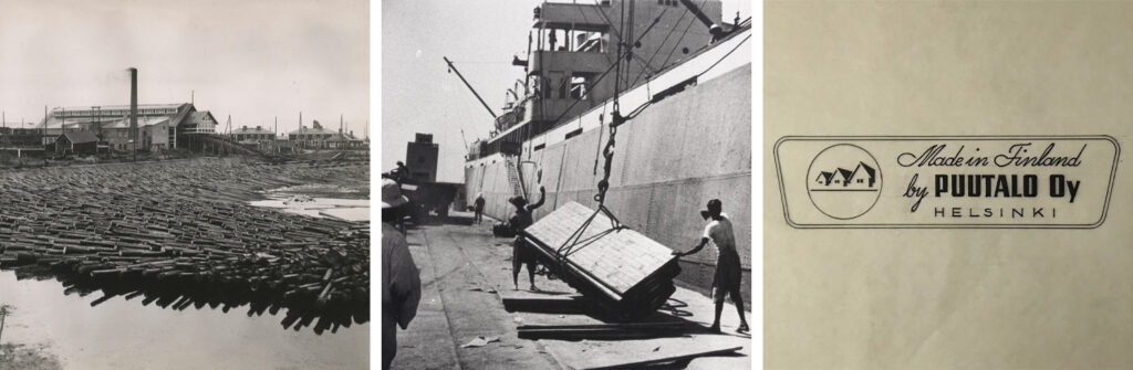 A collage of three black and white images. The first one depicts logs in water in front of a factory. In the middle one two men are unloading wooden building elements from a ship. In the third image there is a logo and a text that says