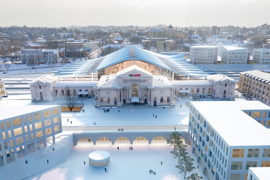 A visualisation of a railway station. A modern wave like canopy covers the platforms behind an old classical station building.