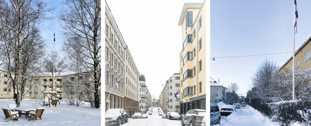 Kolme kuvaa, kaikissa luminen kaupunkinäkymä, jossa suomenlippuja. Vasemmalla suojaisa kerrostalopiha, keskellä urbaani katunäkymä ja oikealla väljempi kerrostalokatu.
