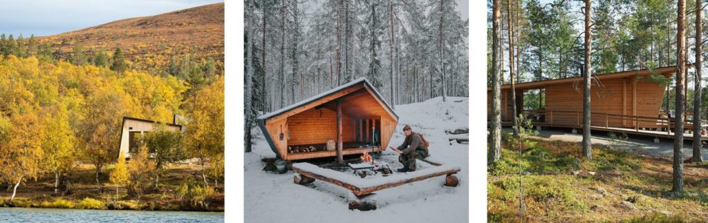 Kolme kuvaa, kaikissa pieniä puurakennuksia tai -katoksia luonnon keskellä