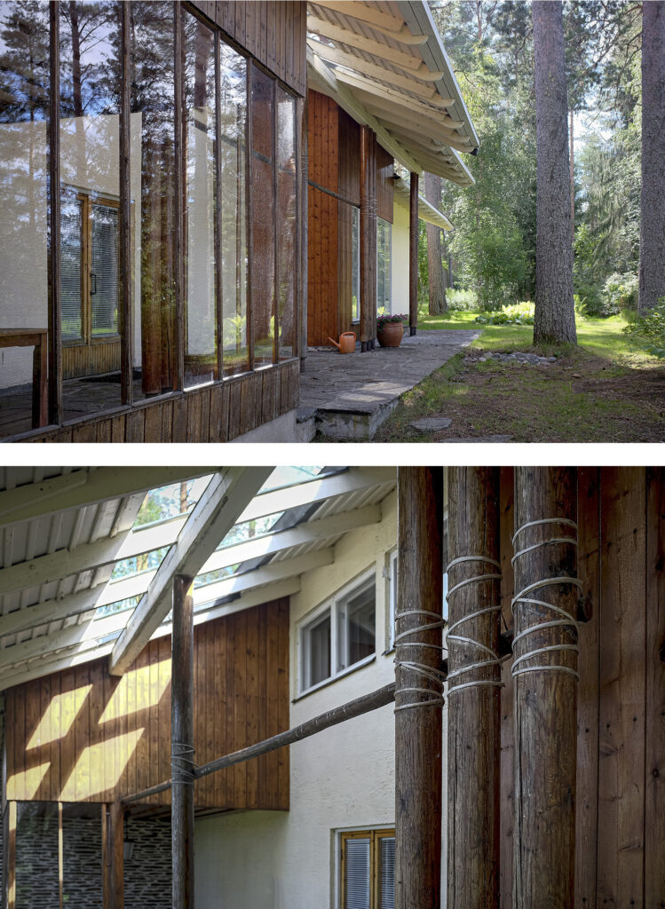 Kaksi kuvaa, joissa yksityiskohtia talon julkisivusta ja puisista tolpista.