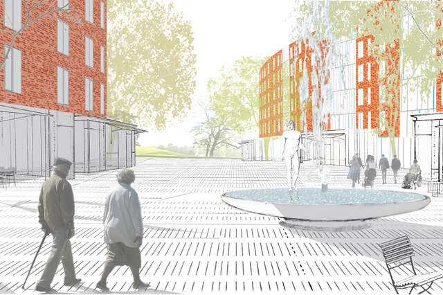 An illustration of a paved outdoor area between curved red brick 6-storey buildings.