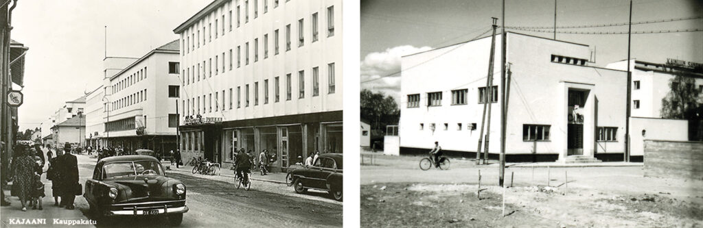 Kaksi mustavalkoista kuvaa, joissa valkoisia rakennuksia.